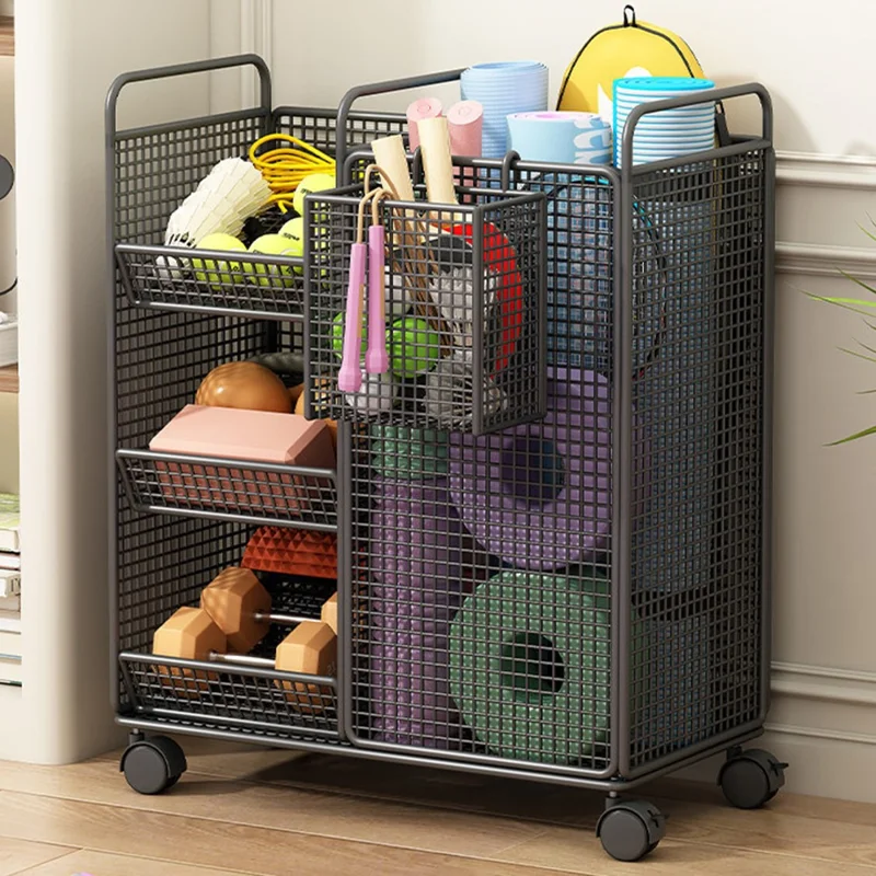 50 x 25 x 60cm Storage Rack with Wheels / Side Basket Yoga Mat Organizer Exercise Equipment Container Holder - Black