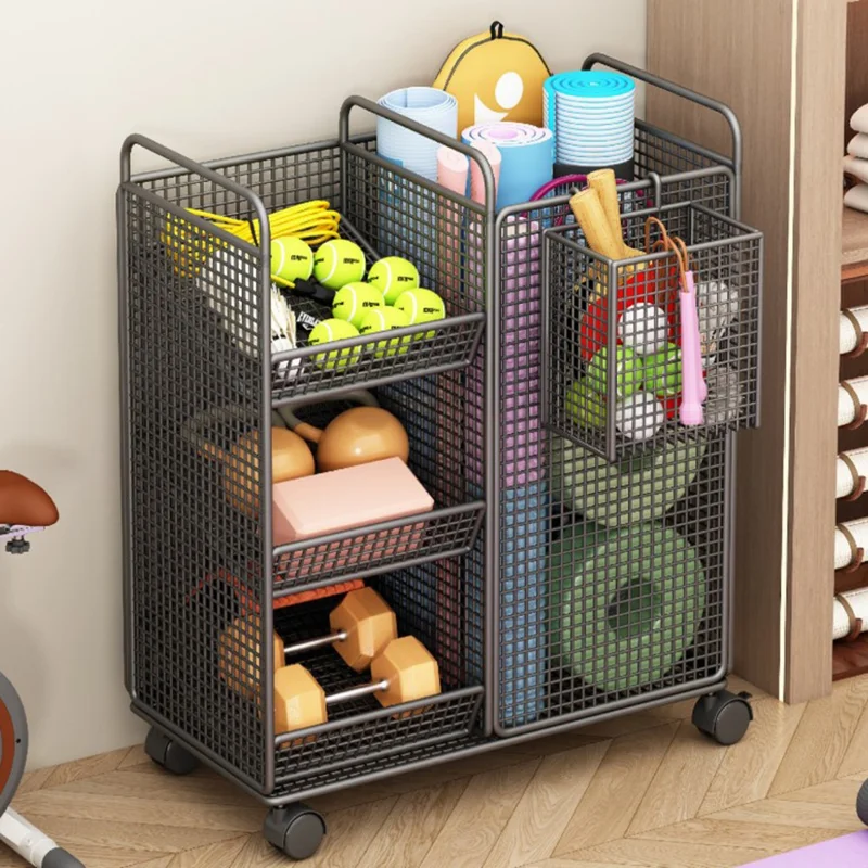 50 x 25 x 60cm Storage Rack with Wheels / Side Basket Yoga Mat Organizer Exercise Equipment Container Holder - Black