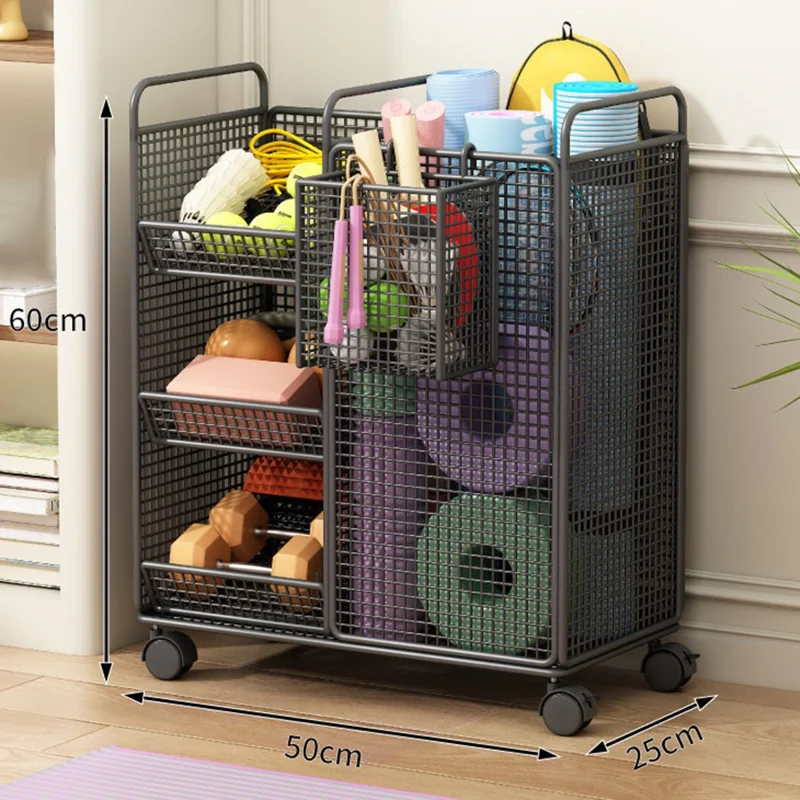 50 x 25 x 60cm Storage Rack with Wheels / Side Basket Yoga Mat Organizer Exercise Equipment Container Holder - Black
