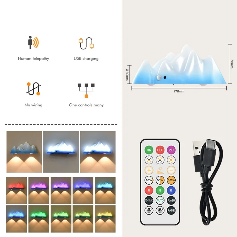 Snow Mountain Shape Rechargeable RGB Motion Sensor Light Remote Control Magnetic Night Light