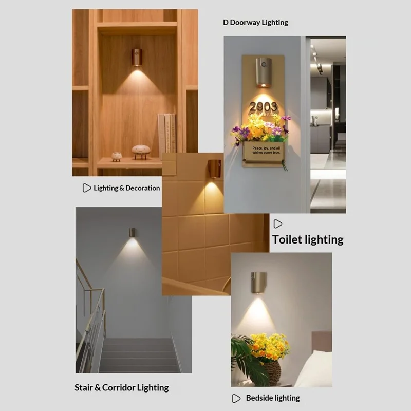 Applique murale magnétique rechargeable avec capteur de mouvement, projecteur d'entrée activé par mouvement, plaque de porte décorative - Noir