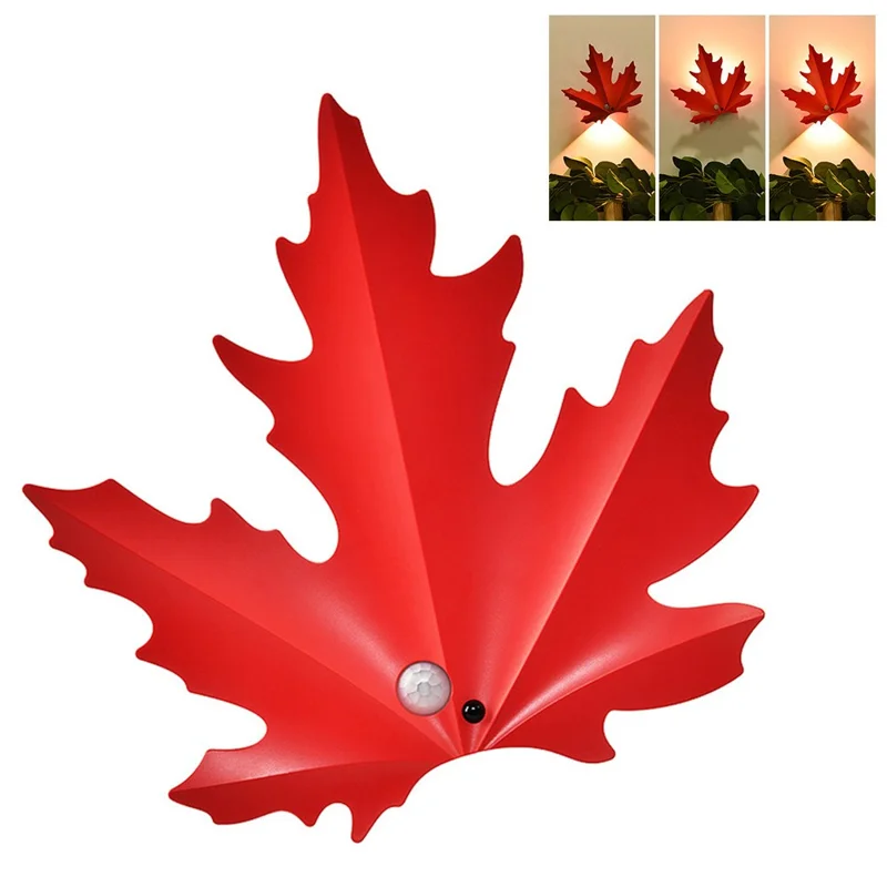 Veilleuse Rechargeable en Forme de Feuille d'Érable Lumière Chaude, Lampe Murale LED avec Capteur de Mouvement et Télécommande - Rouge