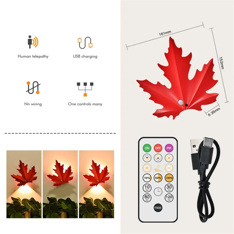 Veilleuse Rechargeable en Forme de Feuille d'Érable Lumière Chaude, Lampe Murale LED avec Capteur de Mouvement et Télécommande - Rouge