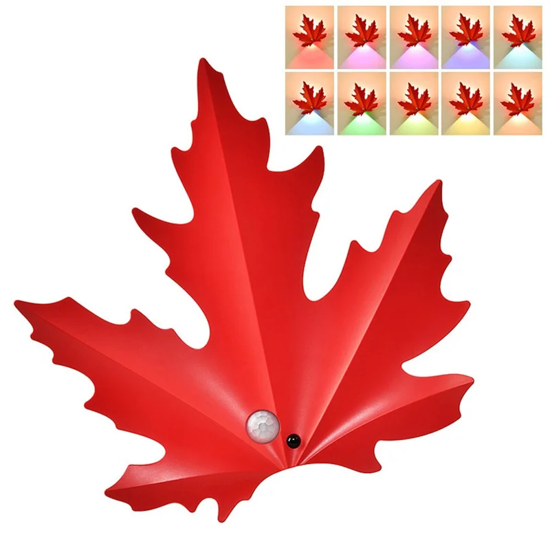 Veilleuse Rechargeable en Forme de Feuille d'Érable RGB avec Capteur de Mouvement, Lampe Murale LED Magnétique avec Télécommande - Rouge