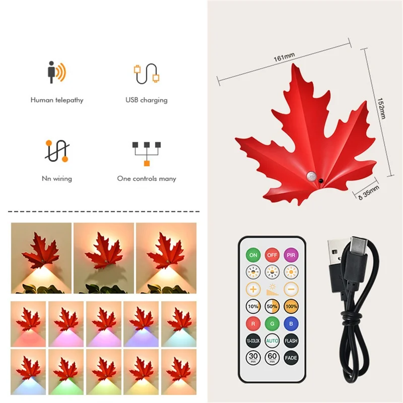 Veilleuse Rechargeable en Forme de Feuille d'Érable RGB avec Capteur de Mouvement, Lampe Murale LED Magnétique avec Télécommande - Rouge