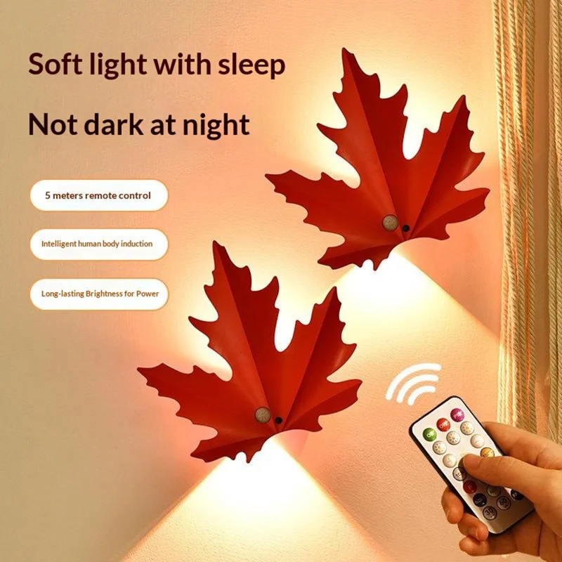 Veilleuse Rechargeable en Forme de Feuille d'Érable RGB avec Capteur de Mouvement, Lampe Murale LED Magnétique avec Télécommande - Rouge