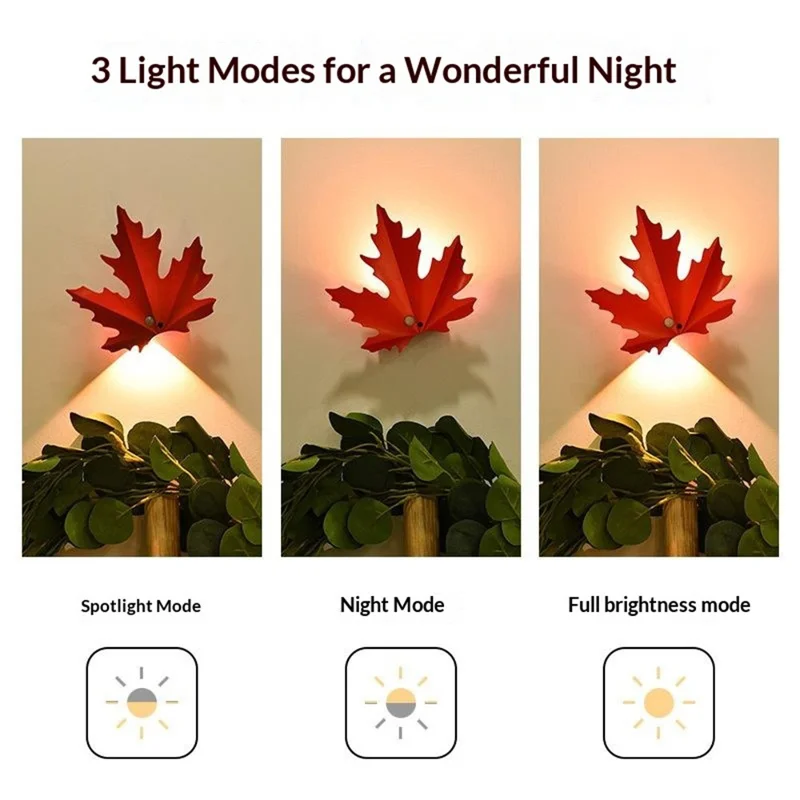 Veilleuse Rechargeable en Forme de Feuille d'Érable RGB avec Capteur de Mouvement, Lampe Murale LED Magnétique avec Télécommande - Rouge