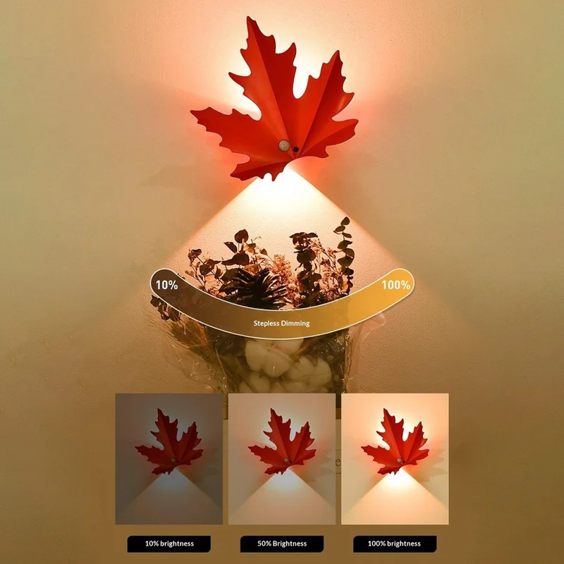 Veilleuse Rechargeable en Forme de Feuille d'Érable RGB avec Capteur de Mouvement, Lampe Murale LED Magnétique avec Télécommande - Rouge