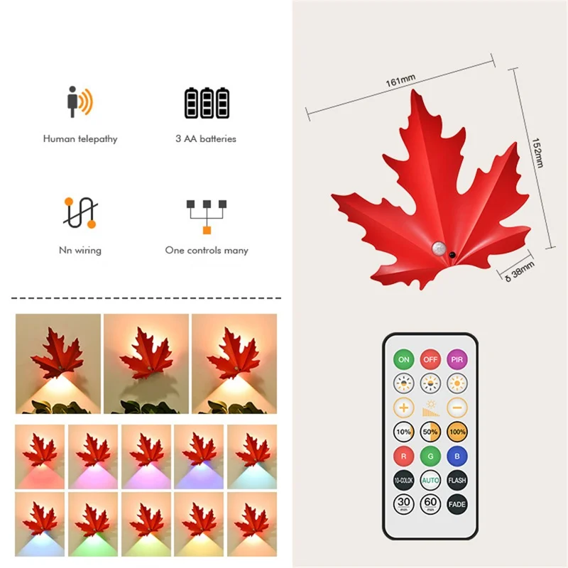 Veilleuse LED murale en forme de feuille d'érable RGB fonctionnant sur piles, avec capteur de mouvement, aimantée et télécommande - Rouge