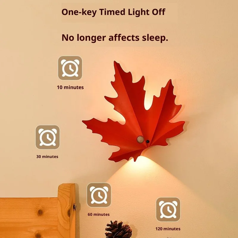 Veilleuse LED murale en forme de feuille d'érable RGB fonctionnant sur piles, avec capteur de mouvement, aimantée et télécommande - Rouge