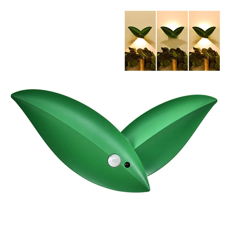Battery Powered Yellow Light Willow Leaf Shape Smart Motion Sensor Light Magnetic LED Night Light with Remote Control - Green