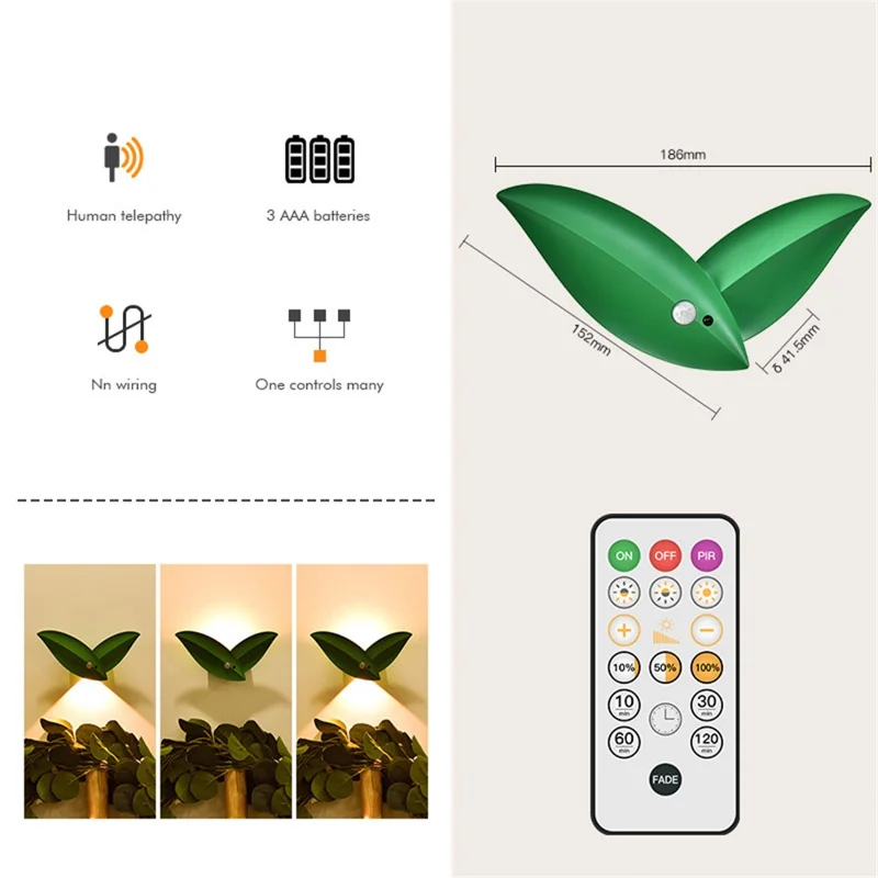 Battery Powered Yellow Light Willow Leaf Shape Smart Motion Sensor Light Magnetic LED Night Light with Remote Control - Green