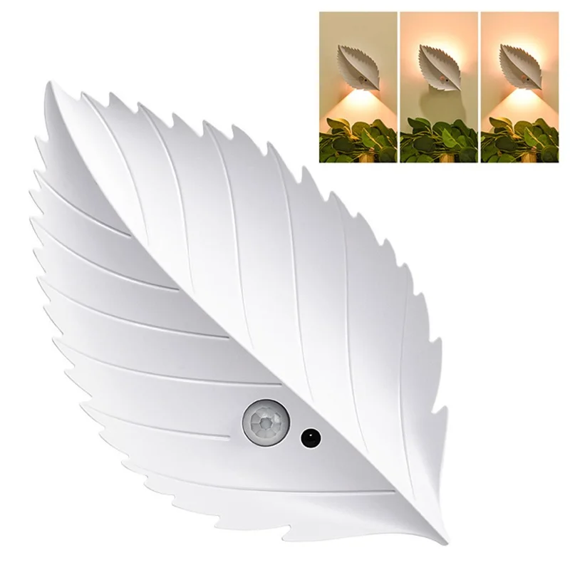Veilleuse rechargeable en forme de feuille avec capteur de mouvement humain, télécommande, lumière jaune, lampe murale magnétique - Blanc