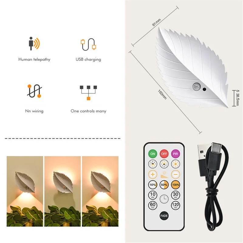 Veilleuse rechargeable en forme de feuille avec capteur de mouvement humain, télécommande, lumière jaune, lampe murale magnétique - Blanc