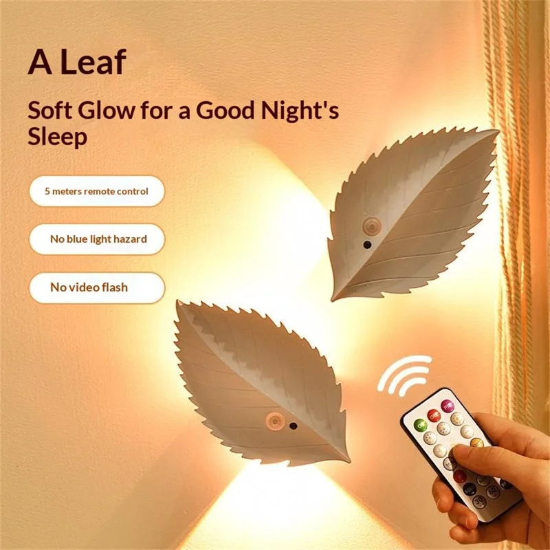 Veilleuse rechargeable en forme de feuille avec capteur de mouvement humain, télécommande, lumière jaune, lampe murale magnétique - Blanc