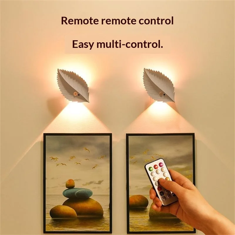 Veilleuse rechargeable en forme de feuille avec capteur de mouvement humain, télécommande, lumière jaune, lampe murale magnétique - Blanc