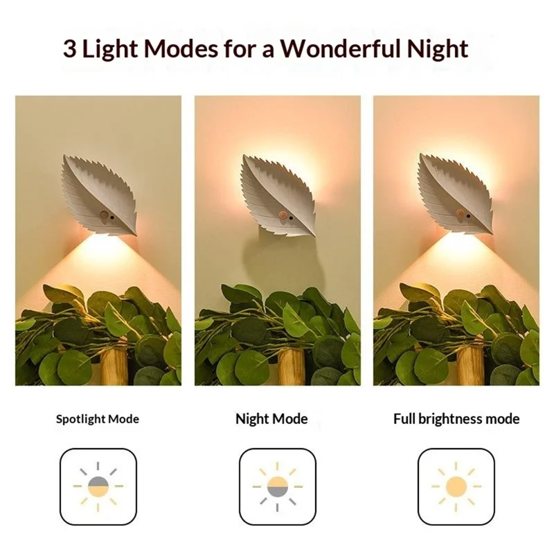 Veilleuse rechargeable en forme de feuille avec capteur de mouvement humain, télécommande, lumière jaune, lampe murale magnétique - Blanc