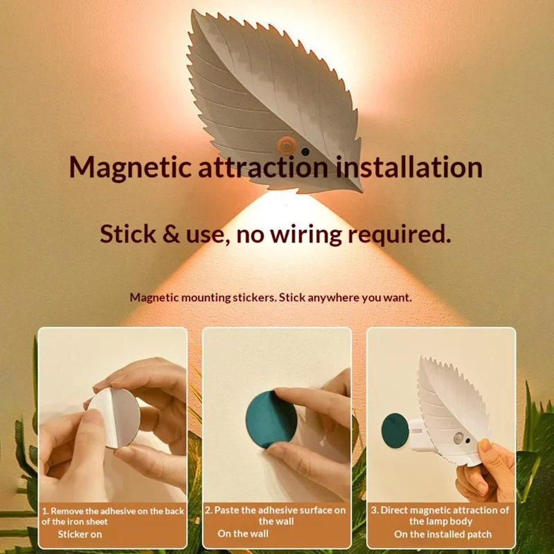 Veilleuse rechargeable en forme de feuille avec capteur de mouvement humain, télécommande, lumière jaune, lampe murale magnétique - Blanc