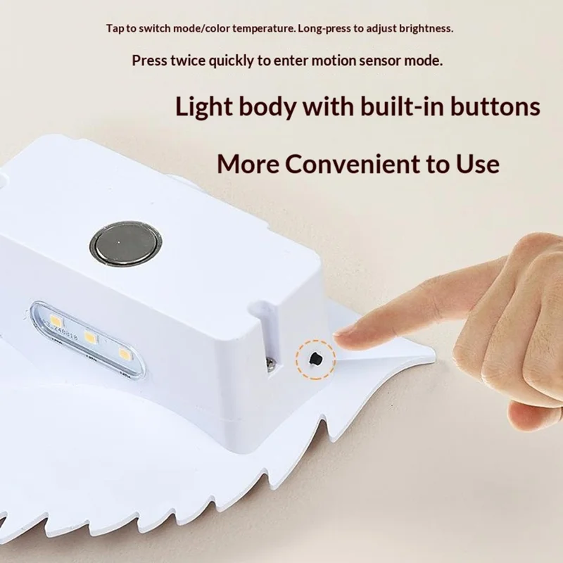 Veilleuse rechargeable en forme de feuille avec capteur de mouvement humain, télécommande, lumière jaune, lampe murale magnétique - Blanc