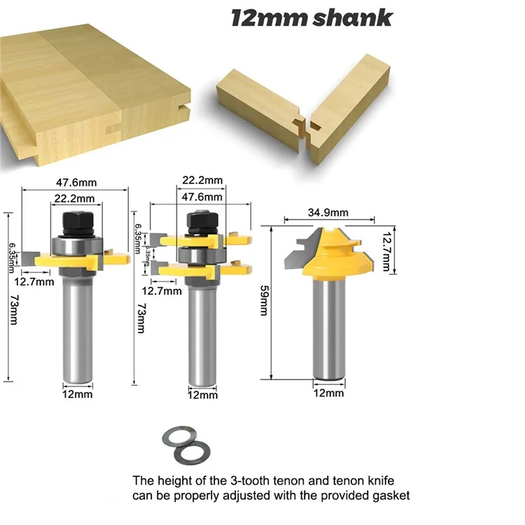 3pcs 12mm de Bits de Haste de Haste 3-dente 12x47 + 45 Graus + 12x1-3 / 8 Ferramenta de Moagem de Moagem de Cortador de Madeira