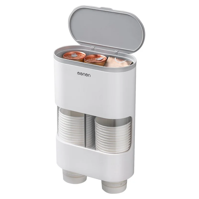MENGNI 393 Wall Mounted Disposable Cup Dispenser with Storage Compartment Plastic Automatic Paper Cup Organizer - Grey