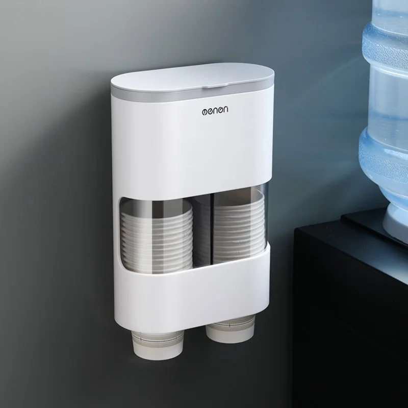 MENGNI 393 Wall Mounted Disposable Cup Dispenser with Storage Compartment Plastic Automatic Paper Cup Organizer - Grey