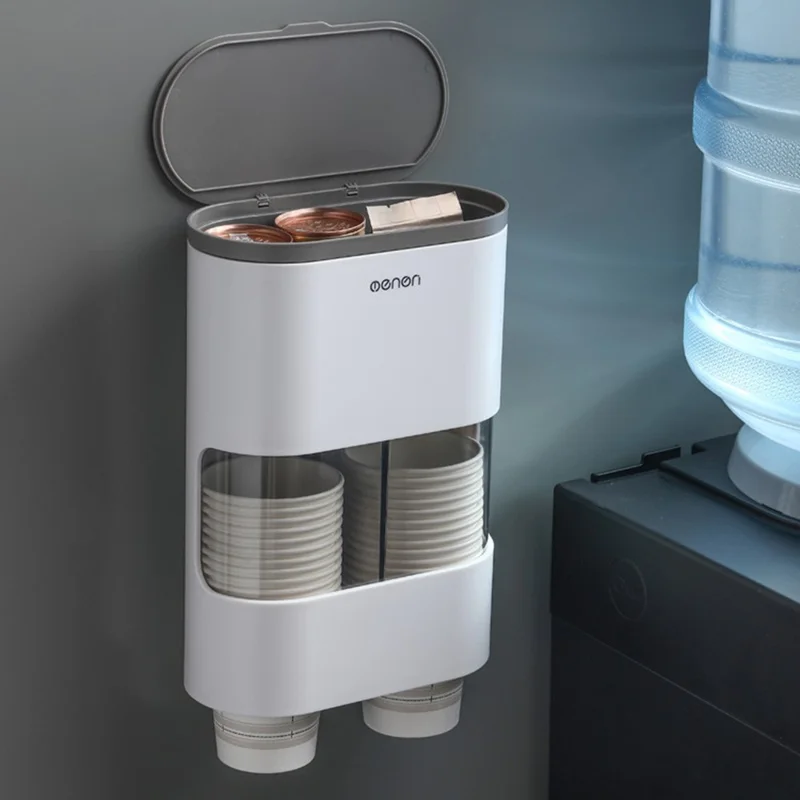MENGNI 393 Wall Mounted Disposable Cup Dispenser with Storage Compartment Plastic Automatic Paper Cup Organizer - Grey