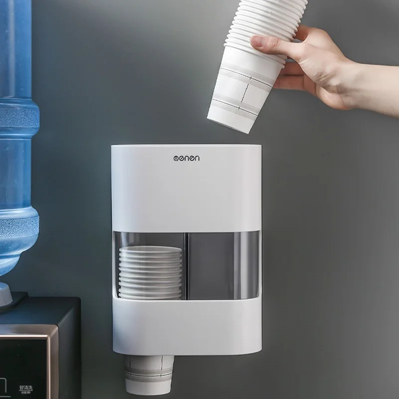 MENGNI 393 Wall Mounted Disposable Cup Dispenser with Storage Compartment Plastic Automatic Paper Cup Organizer - Grey