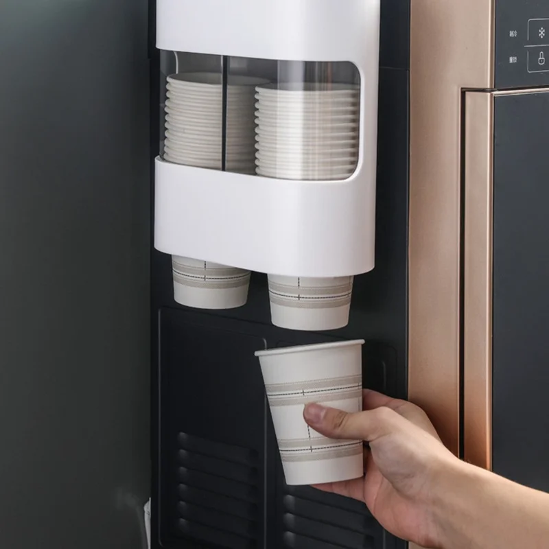 MENGNI 393 Wall Mounted Disposable Cup Dispenser with Storage Compartment Plastic Automatic Paper Cup Organizer - Grey