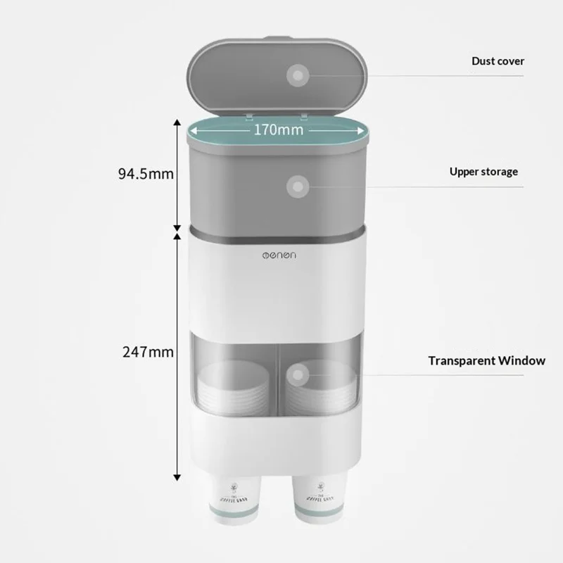 MENGNI 393 Wall Mounted Disposable Cup Dispenser with Storage Compartment Plastic Automatic Paper Cup Organizer - Grey