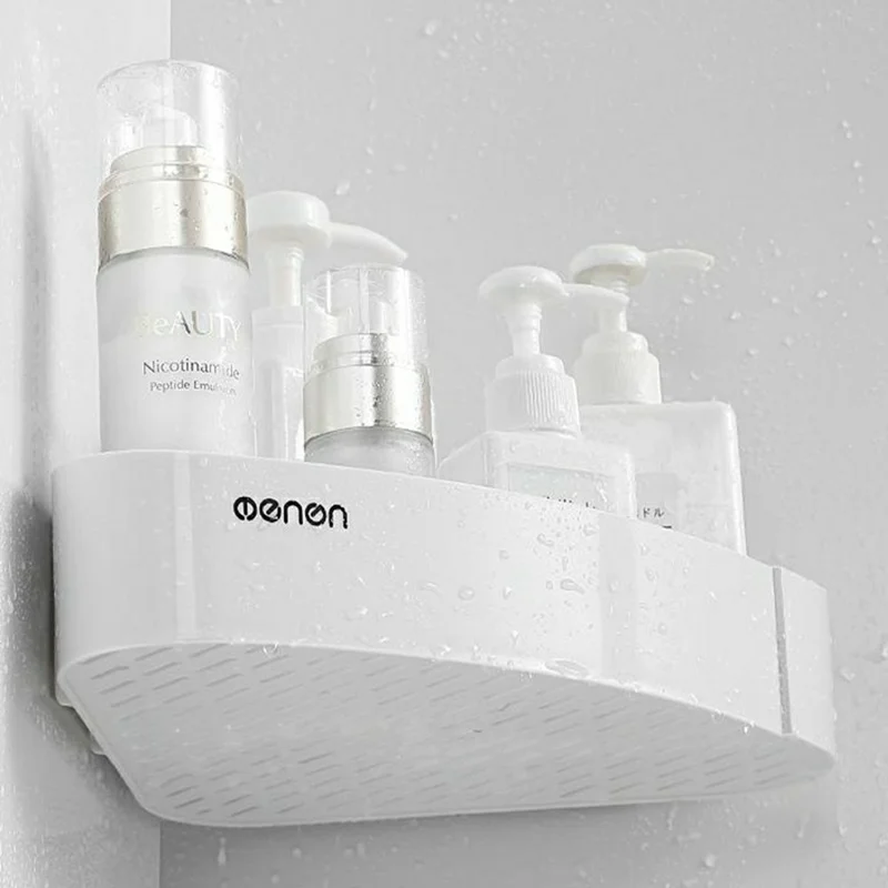 MENGNI 417 Kątowy koszyk łazienkowy do prysznica, półka trójkątna bez wiercenia, stojak na przechowywanie – biały