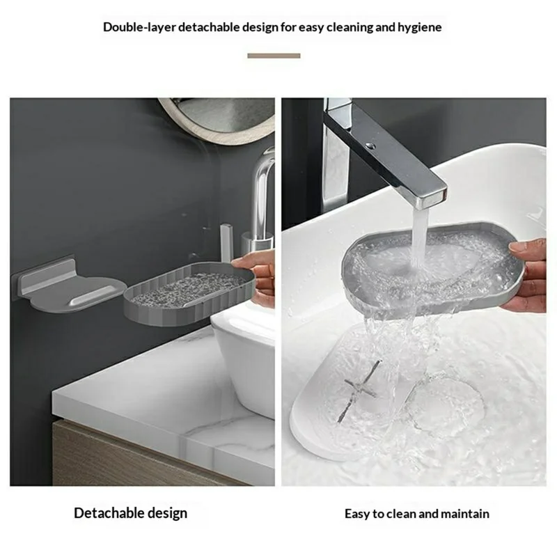 MENGNI 881 Portasapone da Parete per Bagno, Portasapone in Plastica Senza Foratura, Scaffale con Scarico - Nero