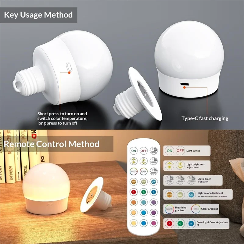 T130-RGBCW 2 RGB Night Light with 1 Remote Control E27 Dimmable Rechargeable Ambient Light with Timer