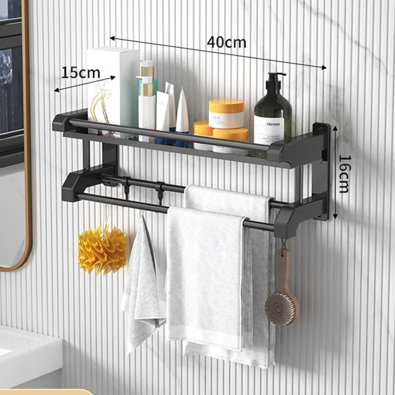 Porte-serviettes simple couche 40 cm, Organisateur de Rangement en Acier Inoxydable, Étagère Murale avec 6 Crochets - Noir