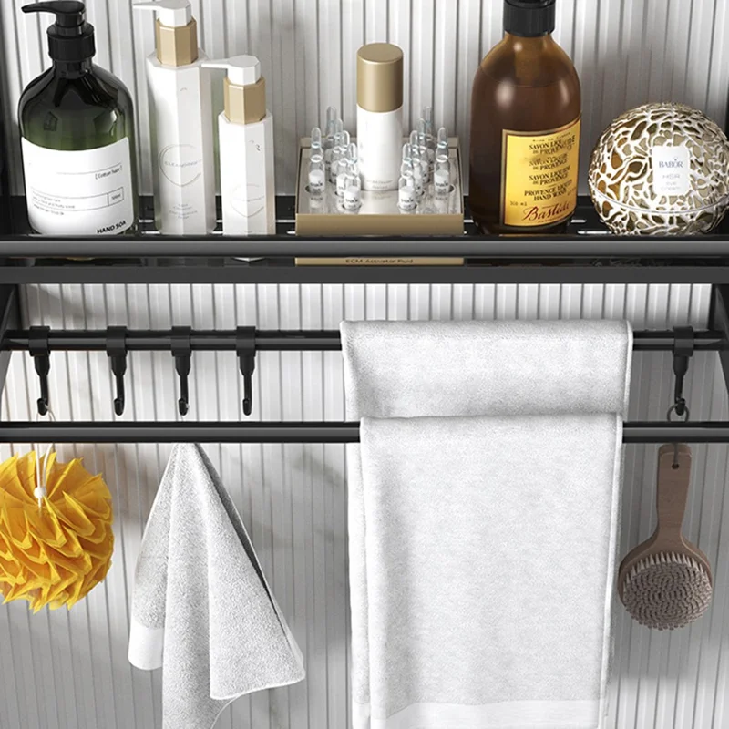 Porte-serviettes simple couche 50 cm, Organisateur de Rangement en Acier Inoxydable, Étagère Murale avec 6 Crochets - Noir