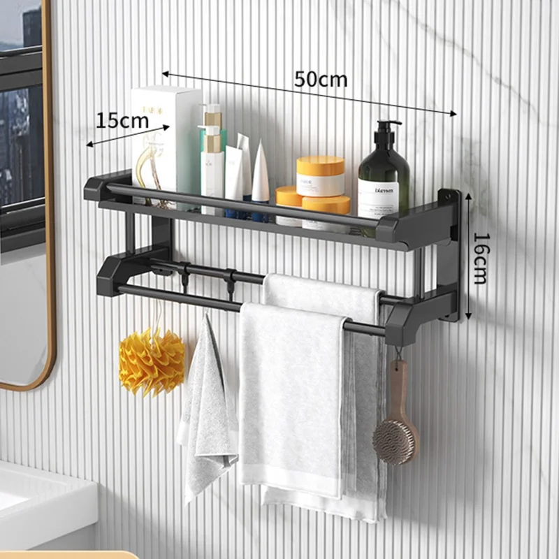 Porte-serviettes simple couche 50 cm, Organisateur de Rangement en Acier Inoxydable, Étagère Murale avec 6 Crochets - Noir