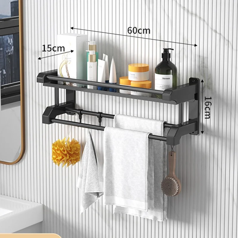 Porte-serviettes simple couche 60 cm, Organisateur de Rangement en Acier Inoxydable, Étagère Murale avec 6 Crochets - Noir