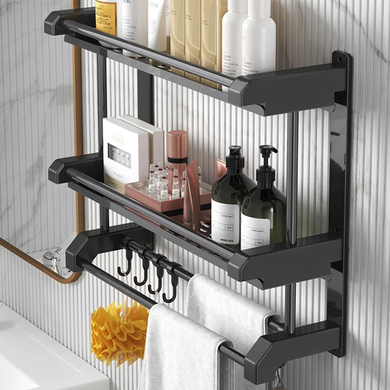 Dual Layer 40cm Bathroom Towel Rack Organizer Stainless Steel Wall Mounted Storage Shelf with 6 Hooks - Black