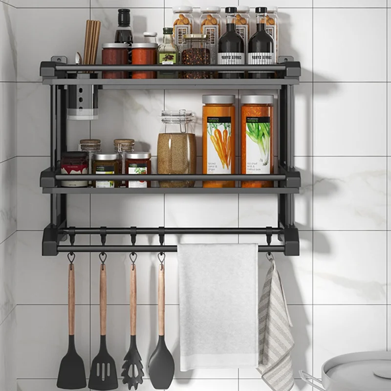 Dual Layer 40cm Bathroom Towel Rack Organizer Stainless Steel Wall Mounted Storage Shelf with 6 Hooks - Black