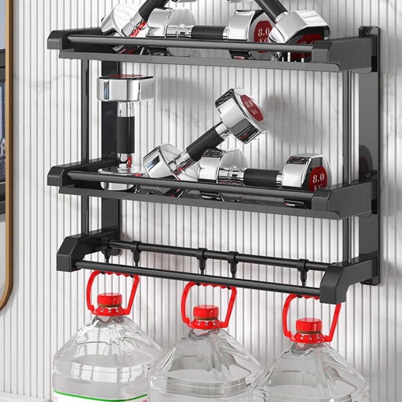 Dual Layer 40cm Bathroom Towel Rack Organizer Stainless Steel Wall Mounted Storage Shelf with 6 Hooks - Black