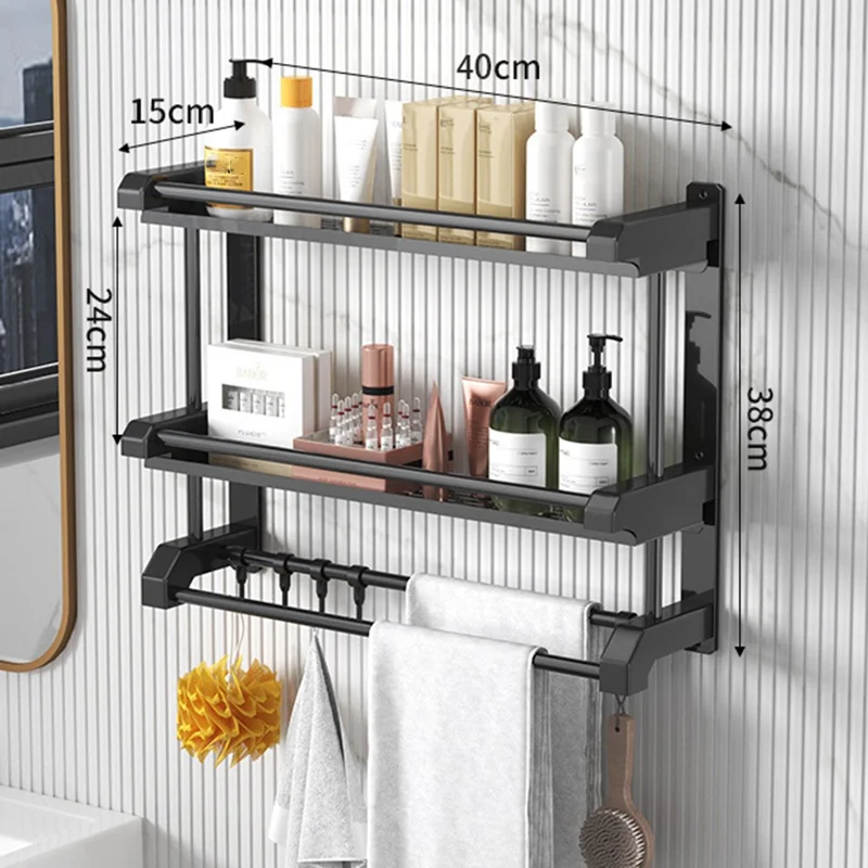 Dual Layer 40cm Bathroom Towel Rack Organizer Stainless Steel Wall Mounted Storage Shelf with 6 Hooks - Black