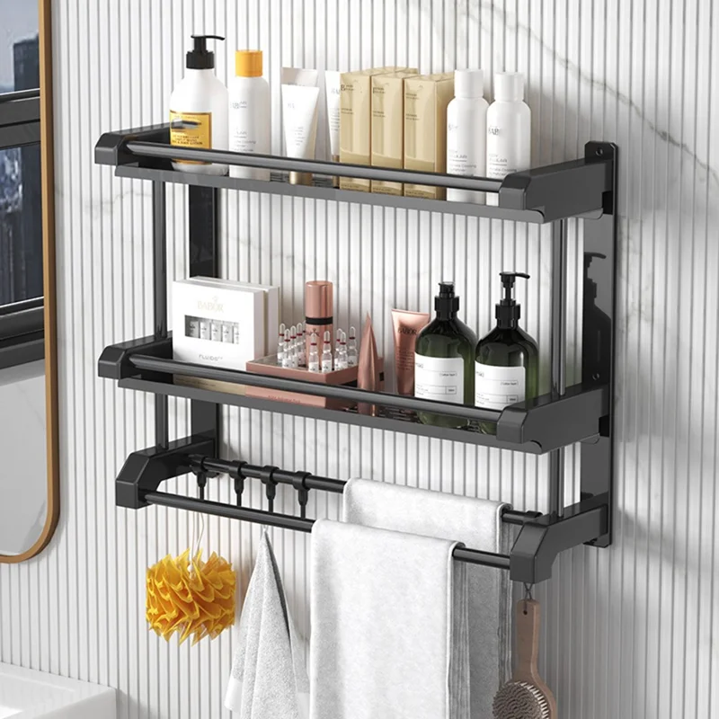 Dual Layer 50cm Bathroom Towel Rack Organizer Stainless Steel Wall Mounted Storage Shelf with 6 Hooks - Black