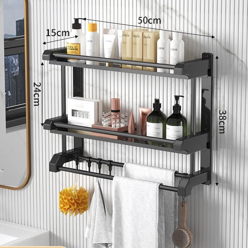 Dual Layer 50cm Bathroom Towel Rack Organizer Stainless Steel Wall Mounted Storage Shelf with 6 Hooks - Black
