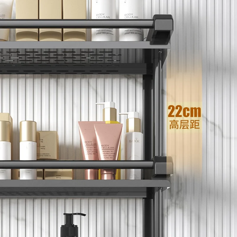 Dual Layer 60cm Bathroom Towel Rack Organizer Stainless Steel Wall Mounted Storage Shelf with 6 Hooks - Black