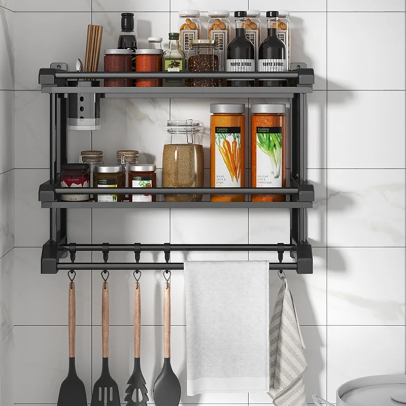 Dual Layer 60cm Bathroom Towel Rack Organizer Stainless Steel Wall Mounted Storage Shelf with 6 Hooks - Black