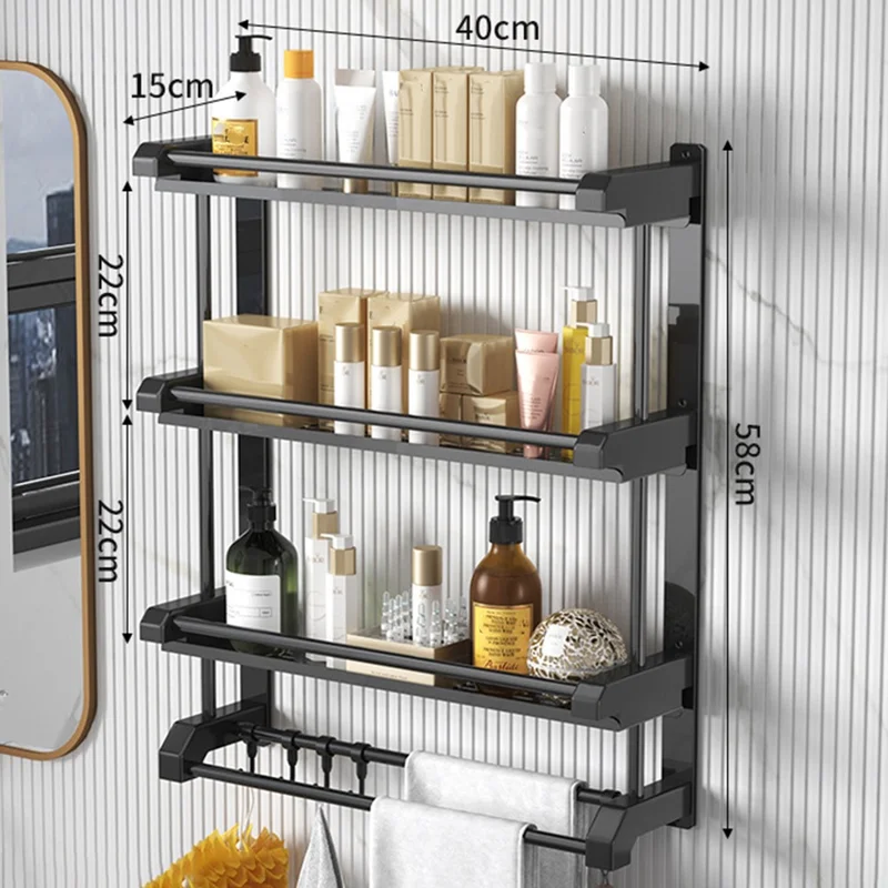 Rack à serviettes de salle de bain 3 niveaux 40 cm, Organisateur en acier inoxydable, Étagère de rangement murale avec 6 crochets - Noir