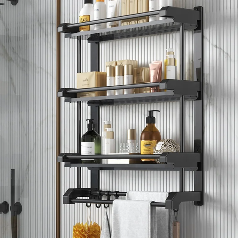 Rack à serviettes de salle de bain 3 niveaux 40 cm, Organisateur en acier inoxydable, Étagère de rangement murale avec 6 crochets - Noir