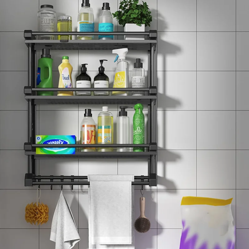 Range-serviettes 3 niveaux 60 cm, Organisateur de Rangement en Acier Inoxydable avec 6 Crochets - Noir