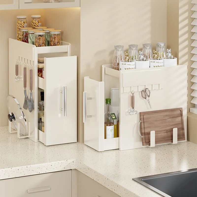 Rack à épices escamotable de 11,5 cm de profondeur, 2 niveaux, avec crochet magnétique et support de planche à découper, organisateur en acier au carbone - Blanc