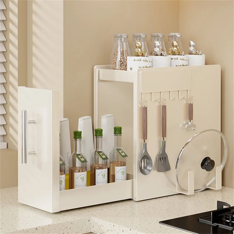 Rack à épices escamotable de cuisine 2 niveaux, profondeur 18,5 cm, avec crochet magnétique et porte-planche à découper, organisateur en acier au carbone - Blanc